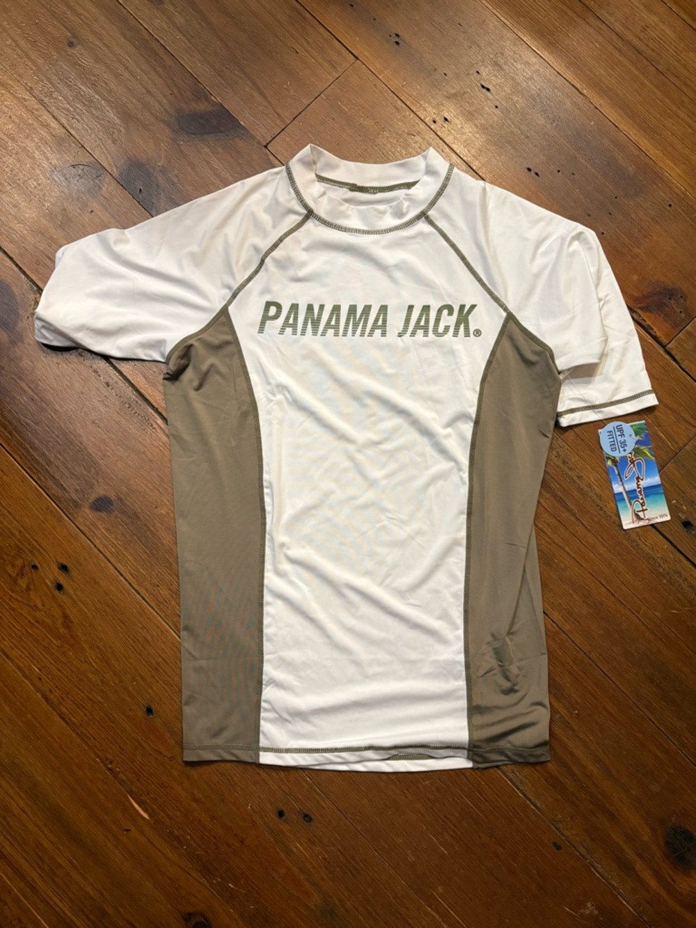 Panama Jack Men’s Short Sleeve Swim Rash Guard - White & Tan